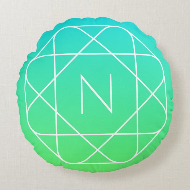 Coolans geometriska monogram | Grön gemene och blå Rund Kudde (Framsidan)