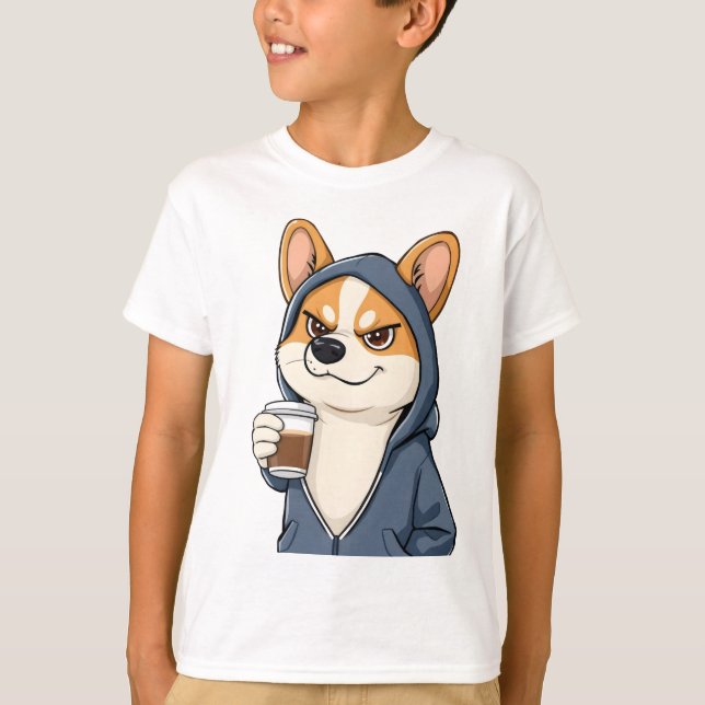 Cooler Corgi im Hoodie - Kaffe T Shirt (Framsida)