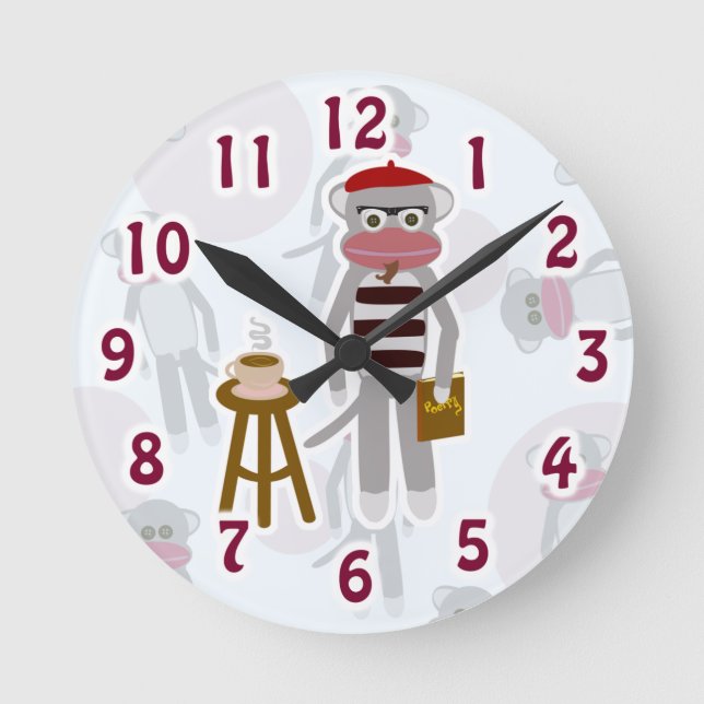 Coolsville Beatnik Sock monkey Cute Tecknad Art Rund Klocka (Framsida)