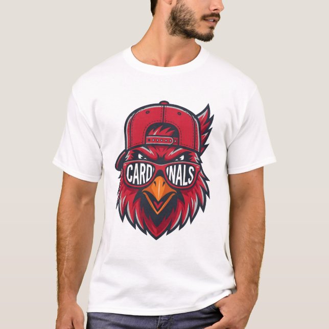Coolt Kardinalfågel Maskotdesign - Röd Fågel iförd T Shirt (Framsida)