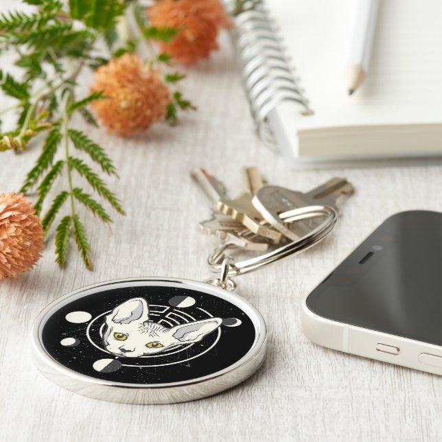 Coolt rymdkatts ansiktsdesign rund silverfärgad nyckelring (Sidan)