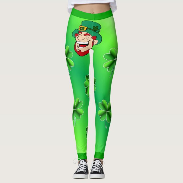 Coolt Shamrock och Leprechaun Ljust Grönt Hjärta Leggings (Framsida)