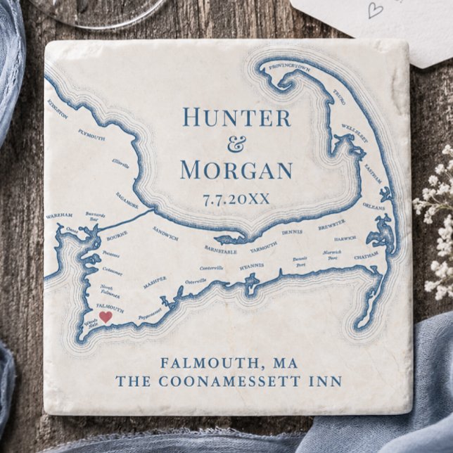Coonamessett bröllopsgåva Cape Cod karta Stenunderlägg (Coonamessett Inn Wedding Favor Cape Cod Map Stone Coaster Gift by Coastal Map Designs)