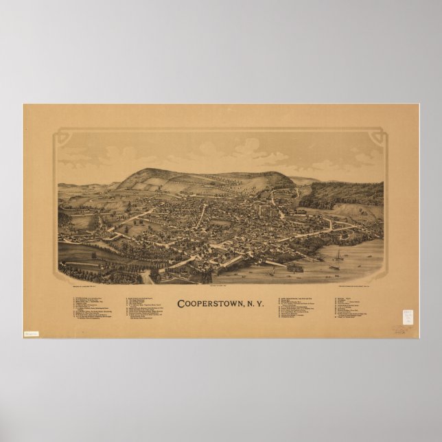 Cooperstown New York 1890 Antique Panoramic Karta Poster (Framsidan)