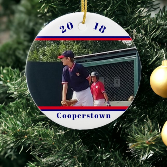 Cooperstown NY Baseball Photo Stripe Memories Julgransprydnad Keramik (Skapare uppladdad)
