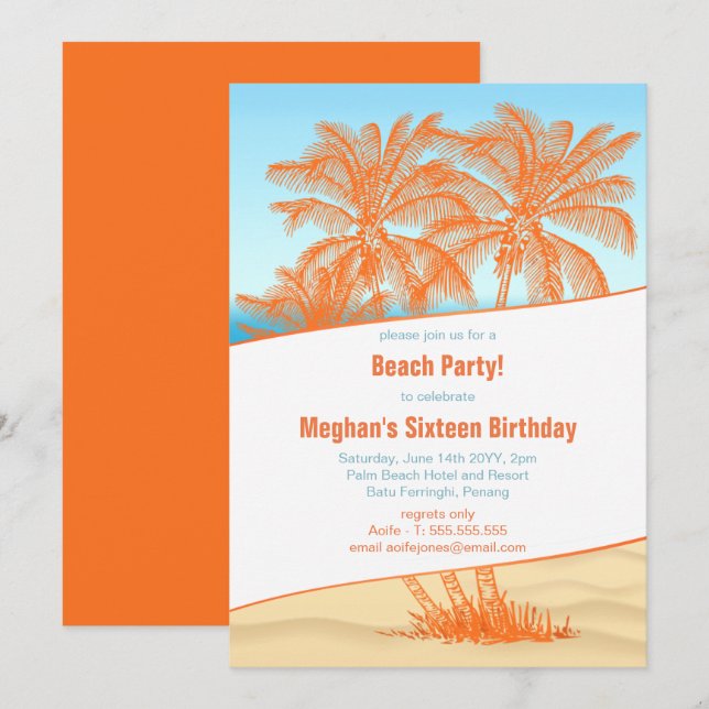 Copacabana Beach och Kokosapalmer Party Inbjudningar (Fram/baksida)