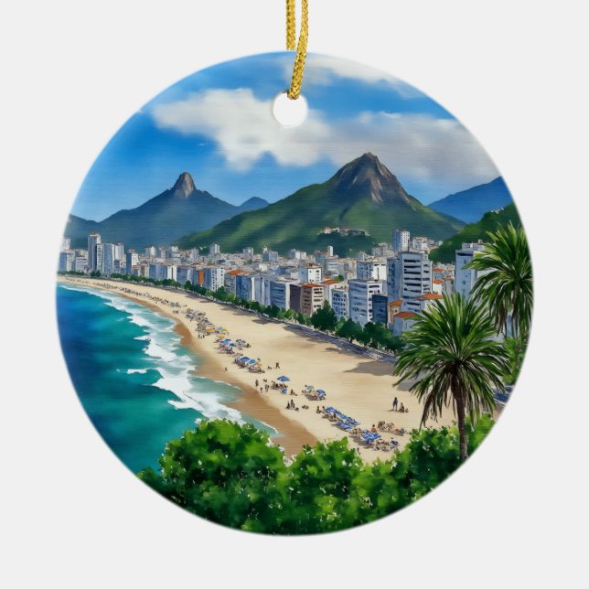 Copacabana Beach Rio Brasilien Vattenfärg Julgransprydnad Keramik (Framsidan)