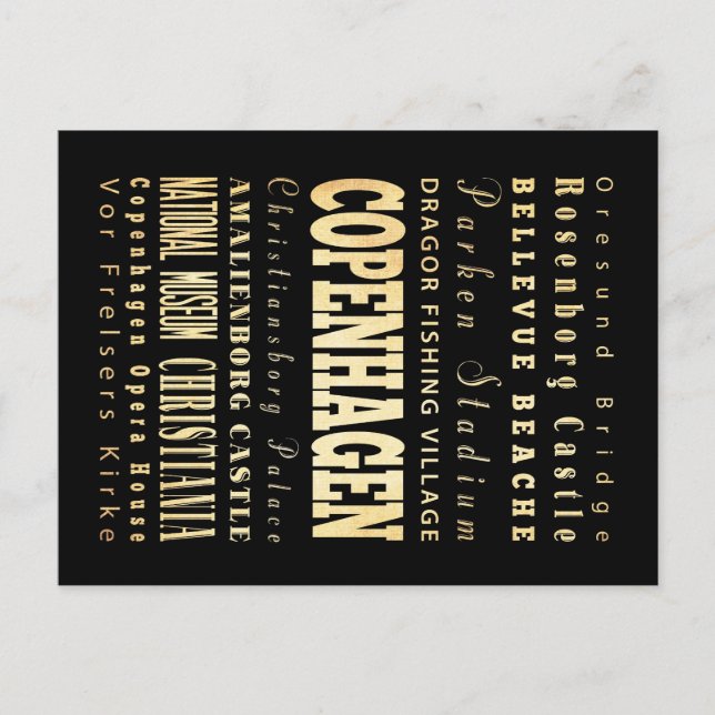 Copenhagen City of Danmark Typography Art Vykort (Framsida)