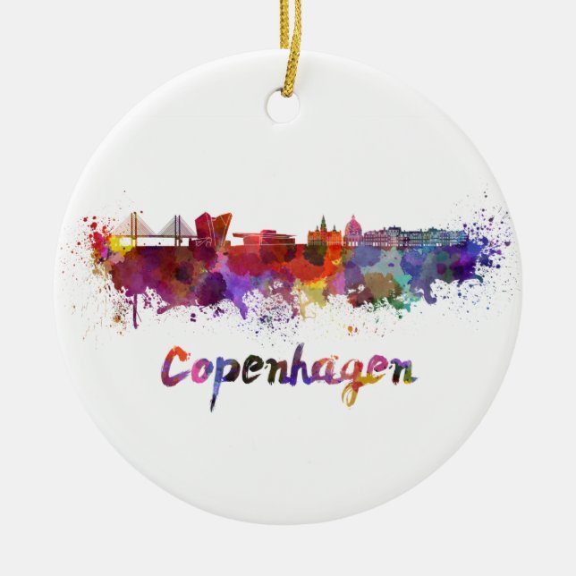 Copenhagen skyline in watercolor julgransprydnad keramik (Framsidan)