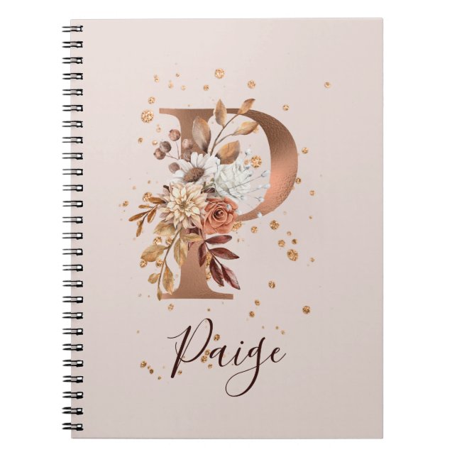 Copper Autumn Floral Letter P Fall Flowers Anteckningsbok (Framsidan)