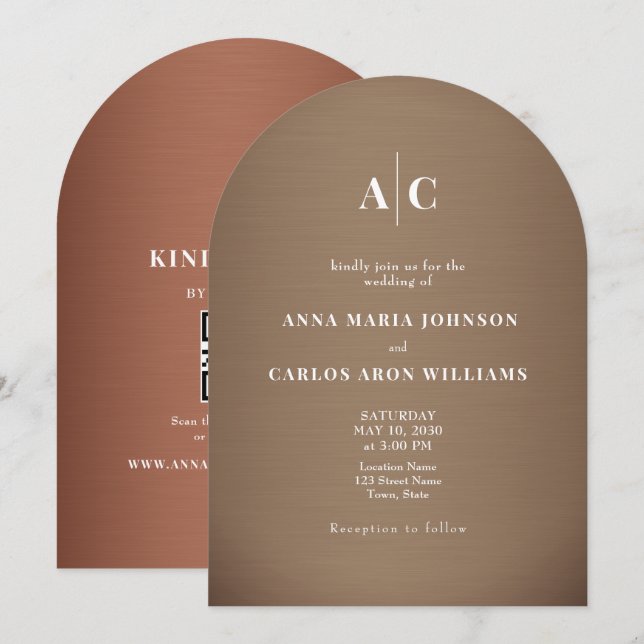 Copper Brown Arched QR Code Wedding Inbjudningar (Fram/baksida)