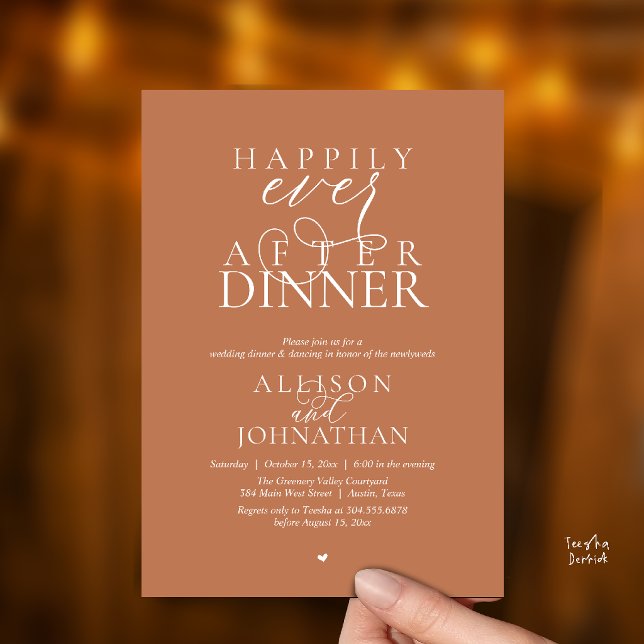 Copper Brown Happily Ever After Dinner Wedding Inbjudningar (Terracotta Copper Happily Ever After Dinner Modern Script Wedding Invitation Card)