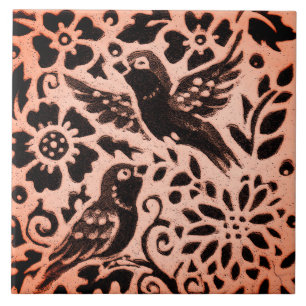 Copper Brown Woodland Bird Blommigt Löv Fall Triv Kakelplatta