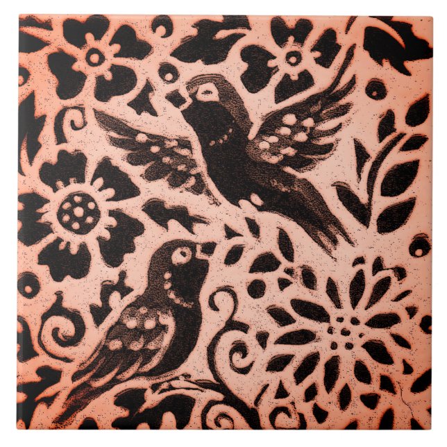Copper Brown Woodland Bird Blommigt Löv Fall Trive Kakelplatta (Framsidan)