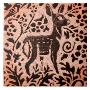 Copper Brown Woodland Fawn Hjort Blommigt Fall Tri Kakelplatta