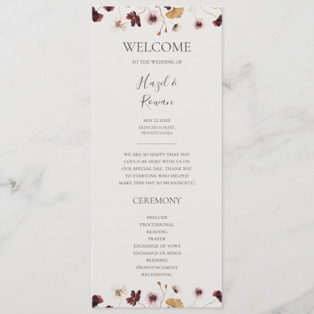 Copper Burgundy Wildblomma | Beige Bröllopsprogram Program (Framsida)