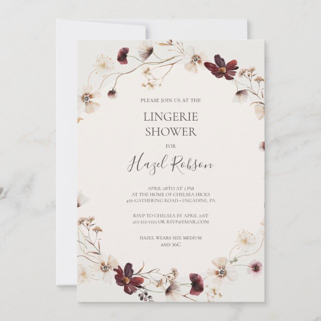 Copper Burgundy Wildblomma | Beige Lingerie Shower Inbjudningar (Framsida)