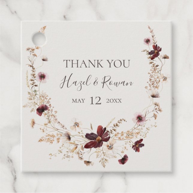 Copper Burgundy Wildblomma | Beige Tack Gåvor Etiketter (Framsida)