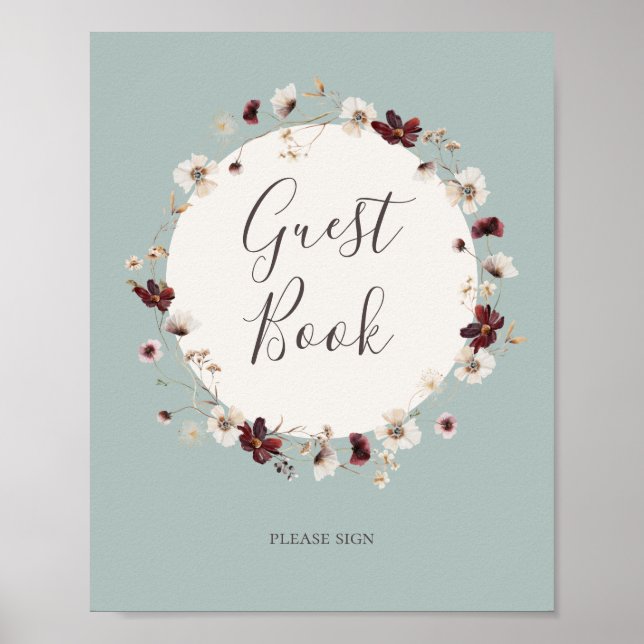 Copper Burgundy Wildblomma | Teal Guest Bok Sign Poster (Framsidan)