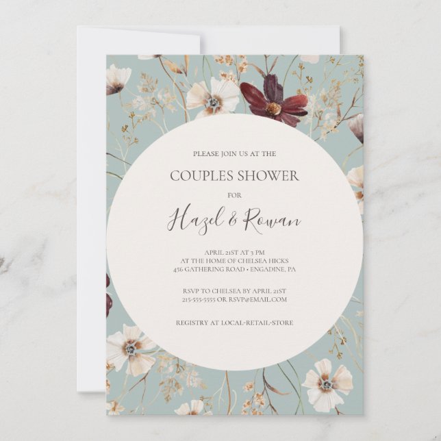 Copper Burgundy Wildblomma | Teal Par Shower Inbjudningar (Framsida)