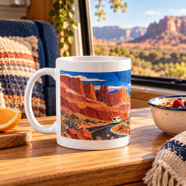 Copper Canyon Caravan Papperskollage Mugg (Classic white 11 oz ceramic mug with white interior and handle. Styled scene; props not included.)