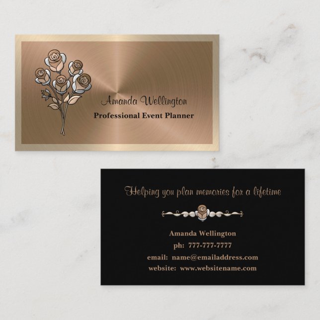 Copper & Gold Floral Event Planner Business Card Visitkort (Fram/baksida)