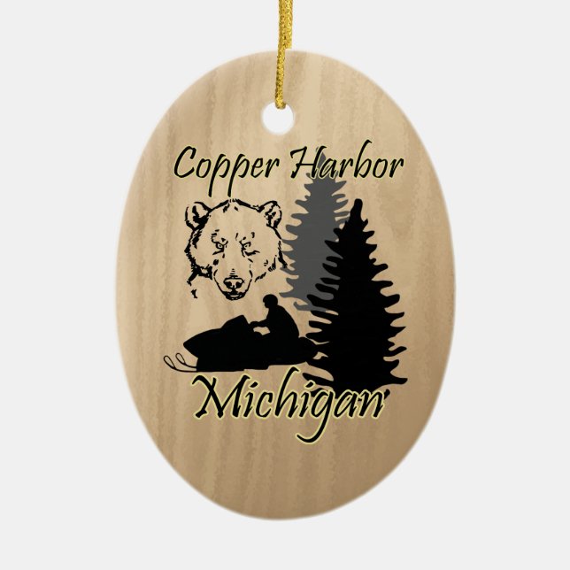 Copper Harbour Michigan Snowmobile Bear Ceramic Julgransprydnad Keramik (Framsidan)