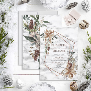 Copper Marble Geometric Winter Greenery Bröllop Inbjudningar