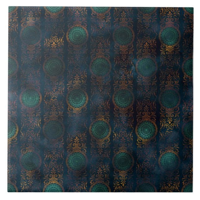 Copper Patina Damask Watercolor Mönster Kakelplatta (Framsidan)