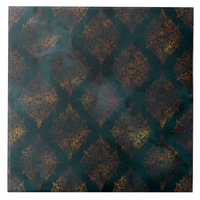 Copper Patina Damask Watercolor Mönster Kakelplatta (Framsidan)
