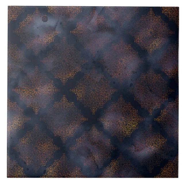 Copper Patina Damask Watercolor Mönster Kakelplatta (Framsidan)