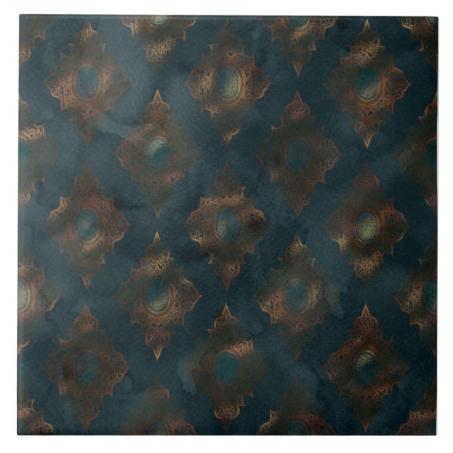 Copper Patina Damask Watercolor Mönster Kakelplatta (Framsidan)