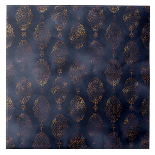 Copper Patina Damask Watercolor Mönster Kakelplatta (Framsidan)