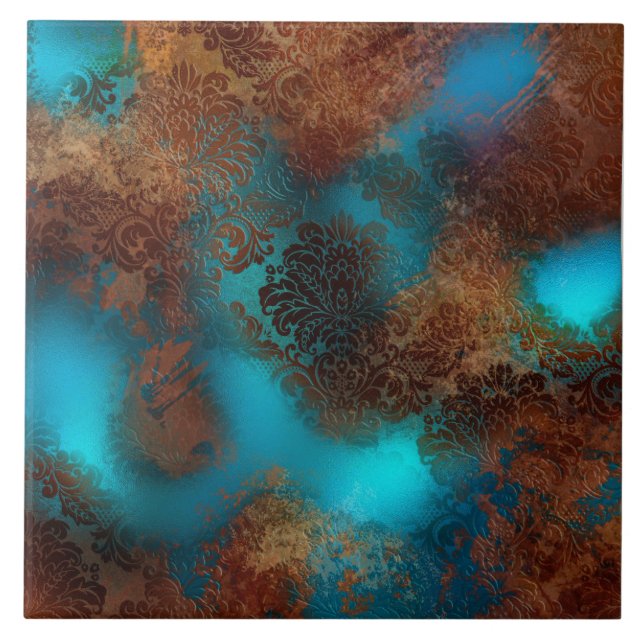Copper Patina Rusted Damask Kakelplatta (Framsidan)