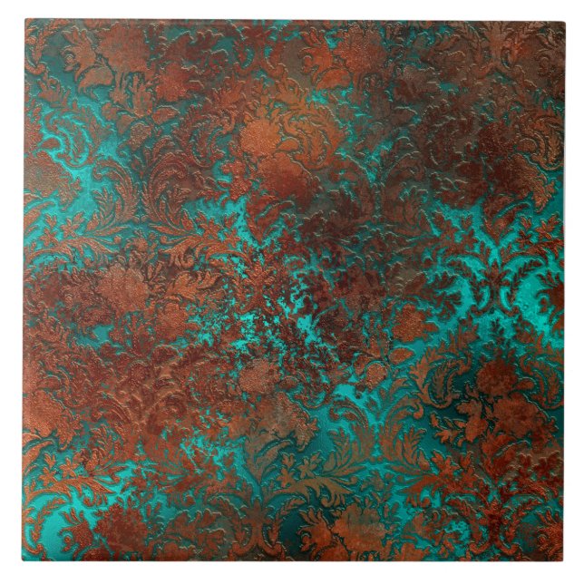 Copper Patina Rusted Damask Kakelplatta (Framsidan)
