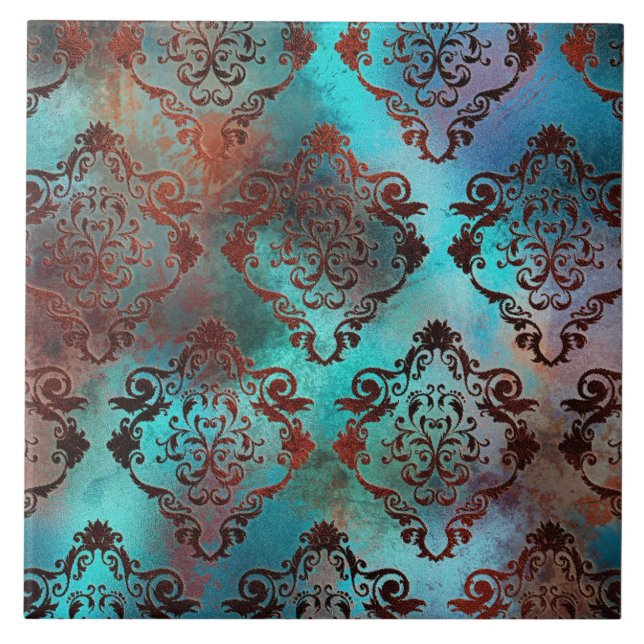 Copper Patina Rusted Damask Kakelplatta (Framsidan)