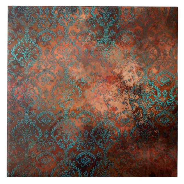 Copper Patina Rusted Damask Kakelplatta (Framsidan)