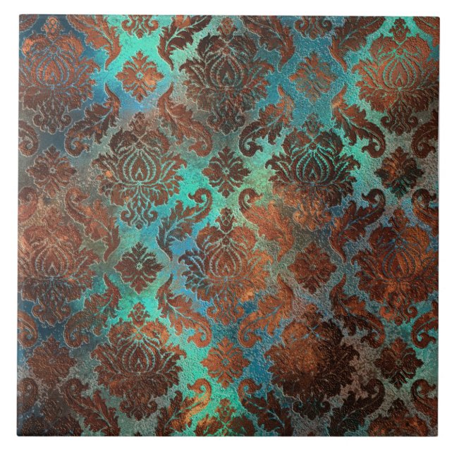 Copper Patina Rusted Damask Kakelplatta (Framsidan)