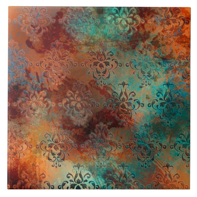 Copper Patina Rusted Damask Kakelplatta (Framsidan)