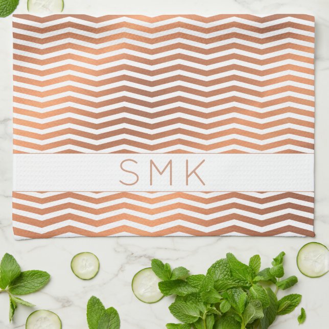 Copper Ro Gold Foil Chevron White Monogram Kökshandduk (Vikta)