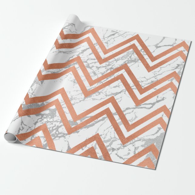 Copper Ro Guld Marble Zig Zag Chevron Grått White Presentpapper (Utrullad)