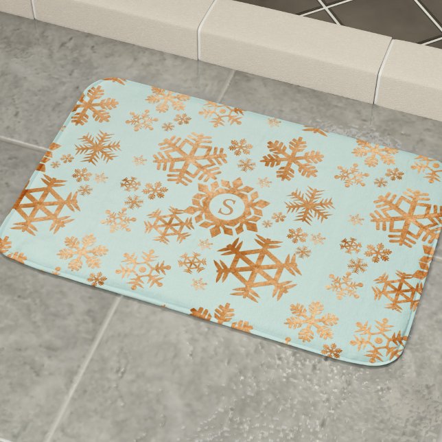 Copper Snowflake Monogram Robin Egg Blue Bath Mat Badrumsmatta (Skapare uppladdad)