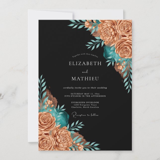 Copper Teal Floral Whimsy Wedding Inbjudningar (Framsida)