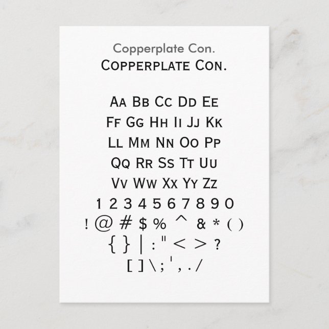 Copperplate Con. - Zazzle Font Sampler Lakan Vykort (Framsida)