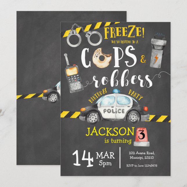 Cops och Robbers Födelsedagsfest inbjudan (Fram/baksida)