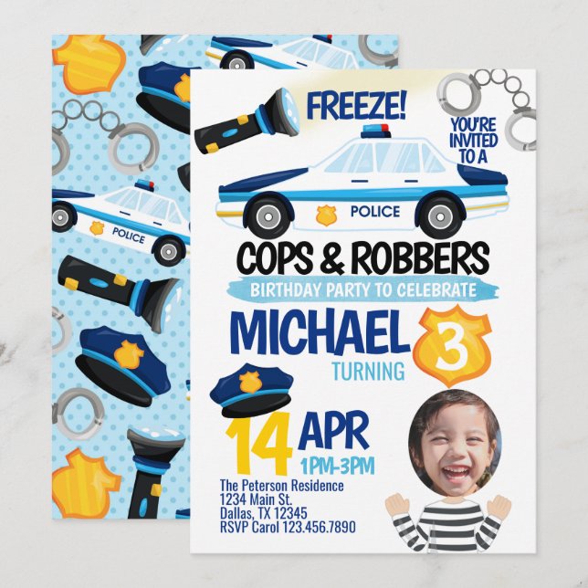 Cops och Robbers Födelsedagsfest inbjudan Inbjudan (Fram/baksida)
