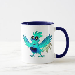 Coq cartoon bleu joyeux avec ailes déployées. mugg