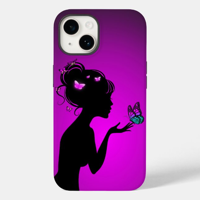 Coque Pour iPhone 14 La femme papillons violets (Baksida)