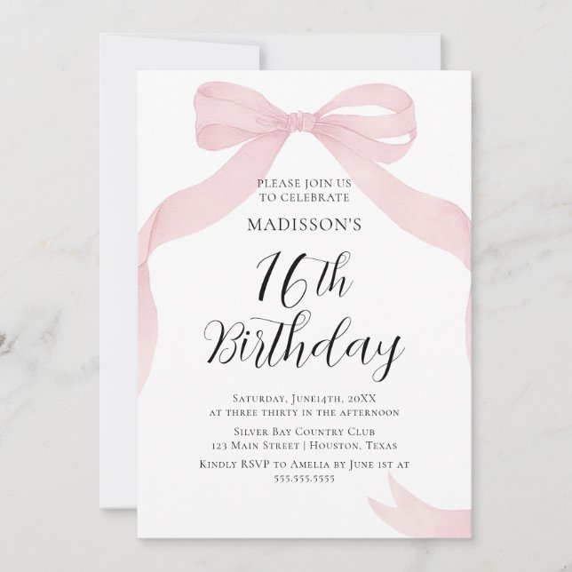 Coquete pink bow Birthday invitation Inbjudningar (Framsida)