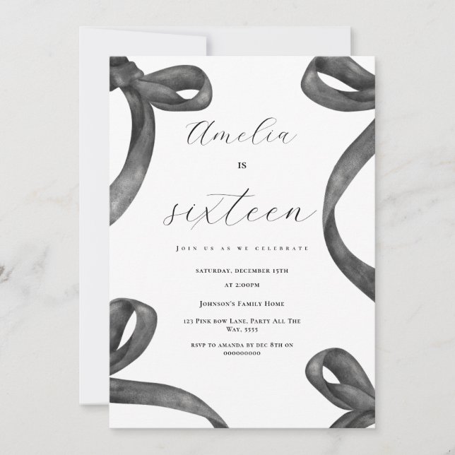 Coquette 16:e födelsedagskalan Black Bow 18:e 21:a Inbjudningar (Framsida)